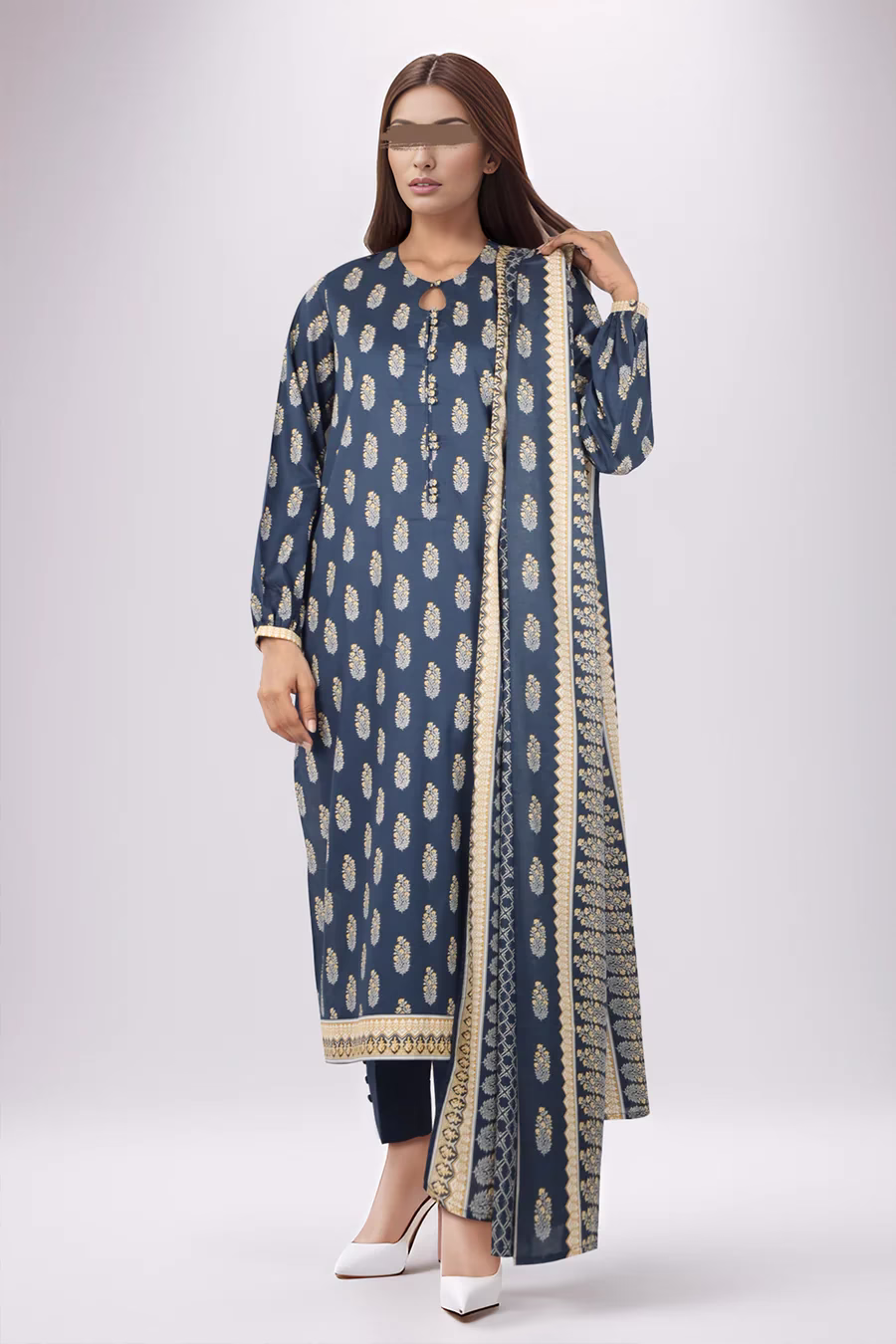Unstitched 3-Piece Lawn Suit – Navy Blue | Saya | Annisafashion - Image 3