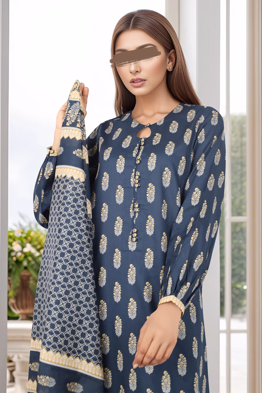 Unstitched 3-Piece Lawn Suit – Navy Blue | Saya | Annisafashion - Image 2