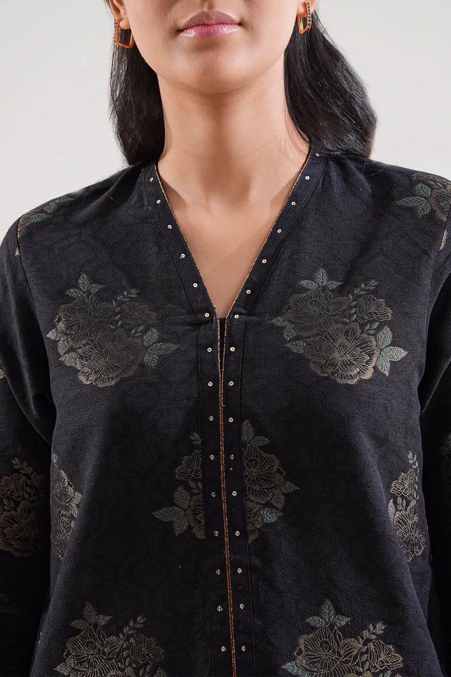 Unstitched Jacquard Cotton 3 Piece Suit- Black | Saya | Annisafashion - Image 2