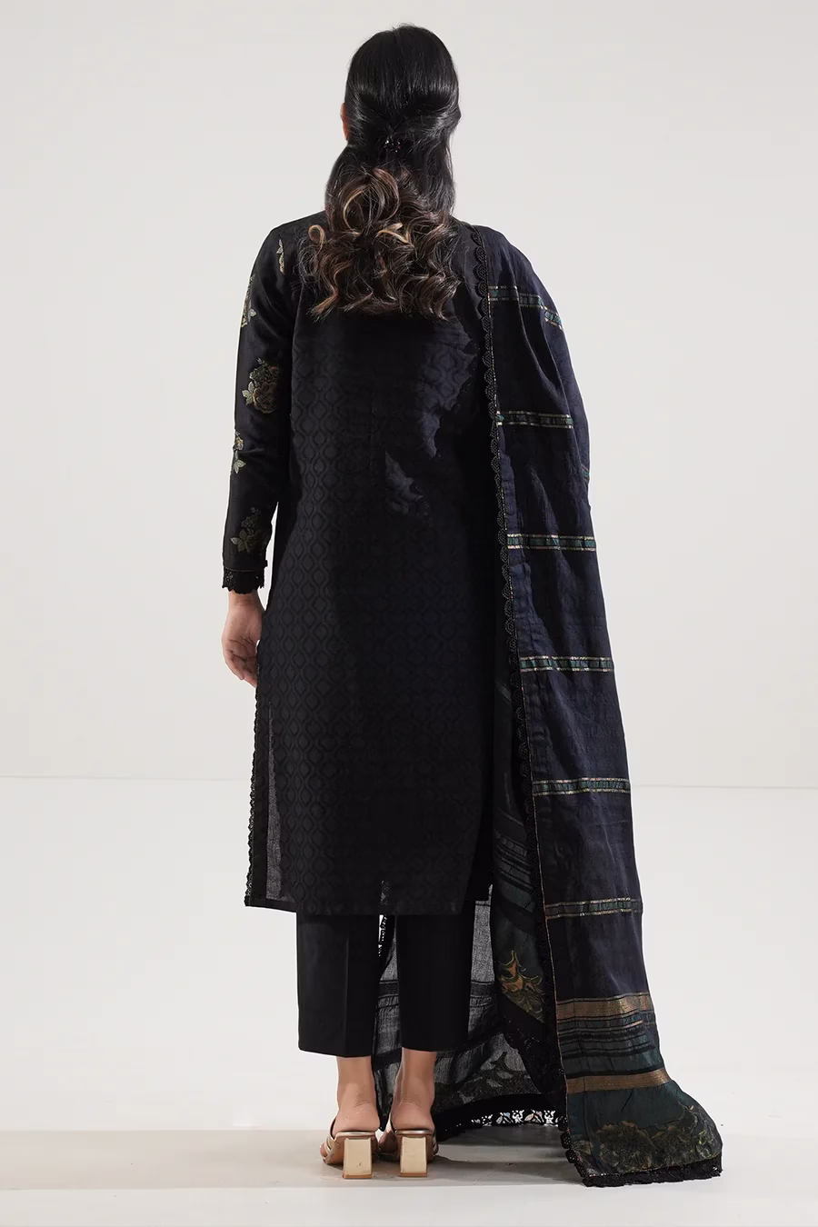 Unstitched Jacquard Cotton 3 Piece Suit- Black | Saya | Annisafashion - Image 5