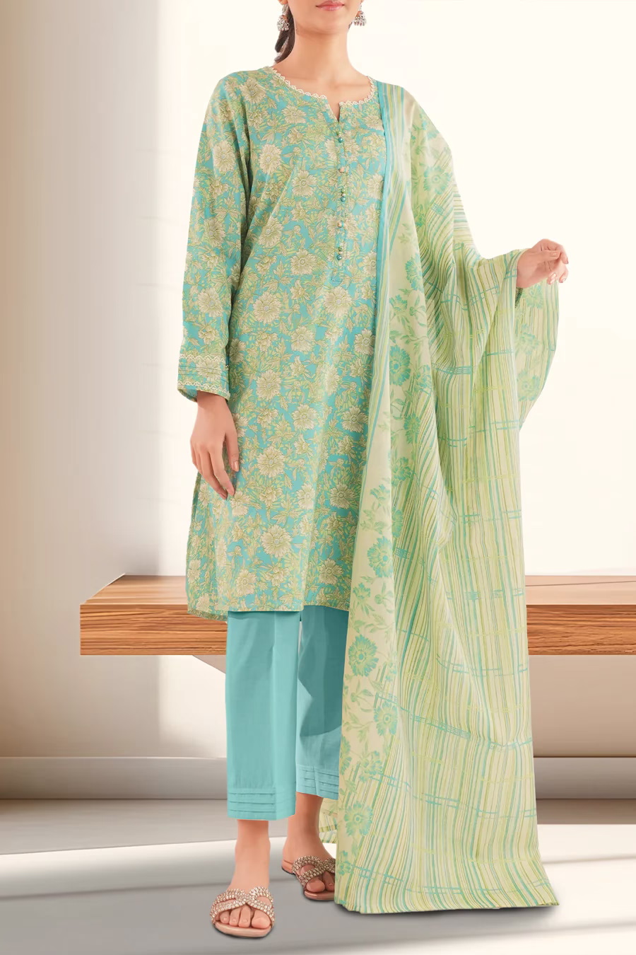 stitched 3-Piece Lawn Suit – Turouqise | Saya | Annisafashion - Image 3