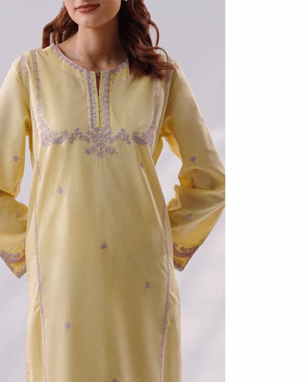 Solid Embroidered Cotton Stitched 2 Piece (Shirt/Trouser) | YELLOW | SAYA | ANNISAFASHION