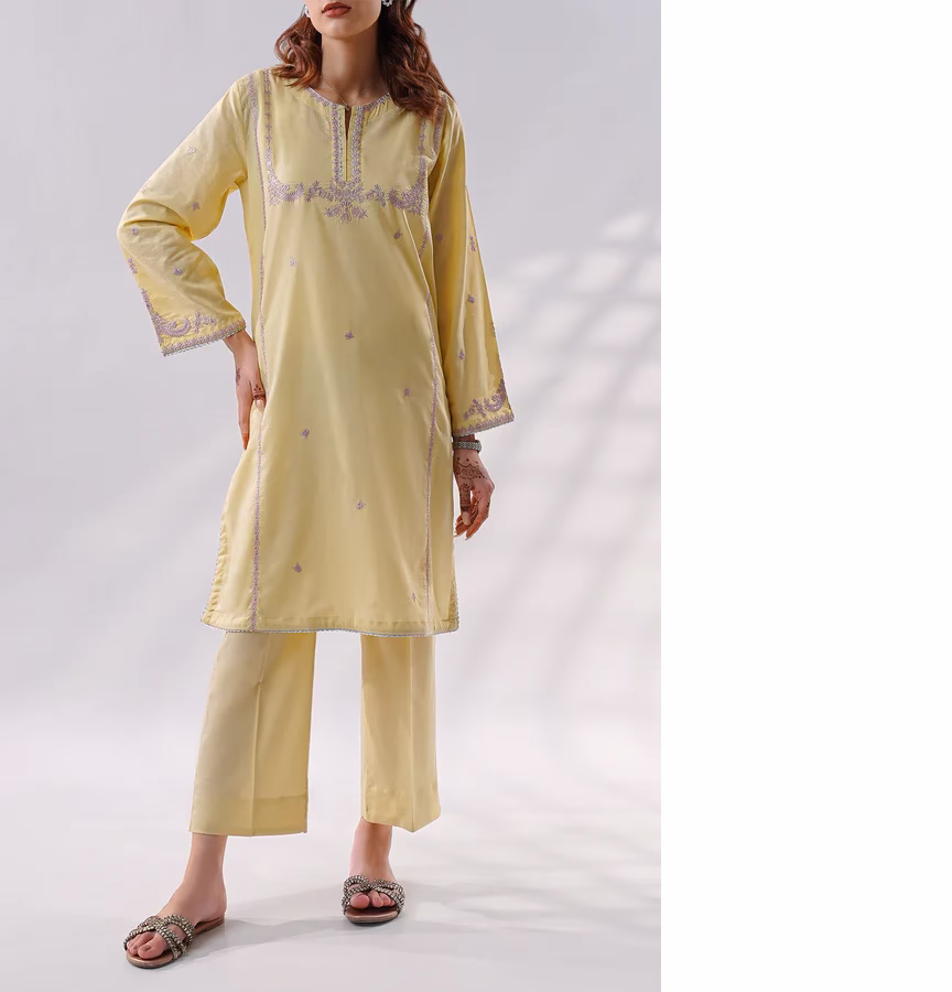 Solid Embroidered Cotton Stitched 2 Piece (Shirt/Trouser) | YELLOW | SAYA | ANNISAFASHION - Image 2