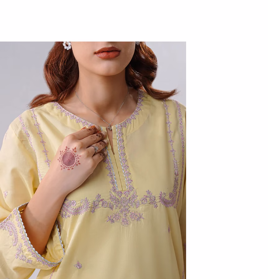 Solid Embroidered Cotton Stitched 2 Piece (Shirt/Trouser) | YELLOW | SAYA | ANNISAFASHION - Image 4