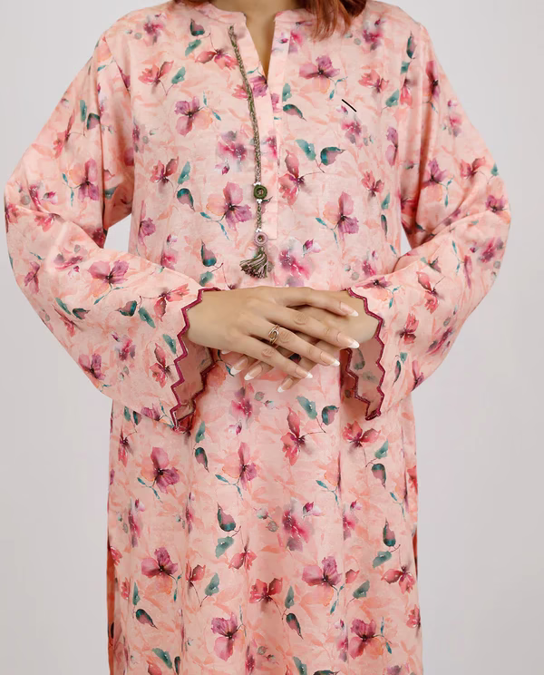 SAYA Printed Embroidered Lawn Stitched 2 Piece (Shirt/Trouser)| Peach | Annisafashion