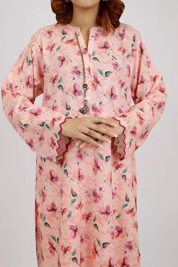 SAYA Printed Embroidered Lawn Stitched 2 Piece (Shirt/Trouser)| Peach | Annisafashion