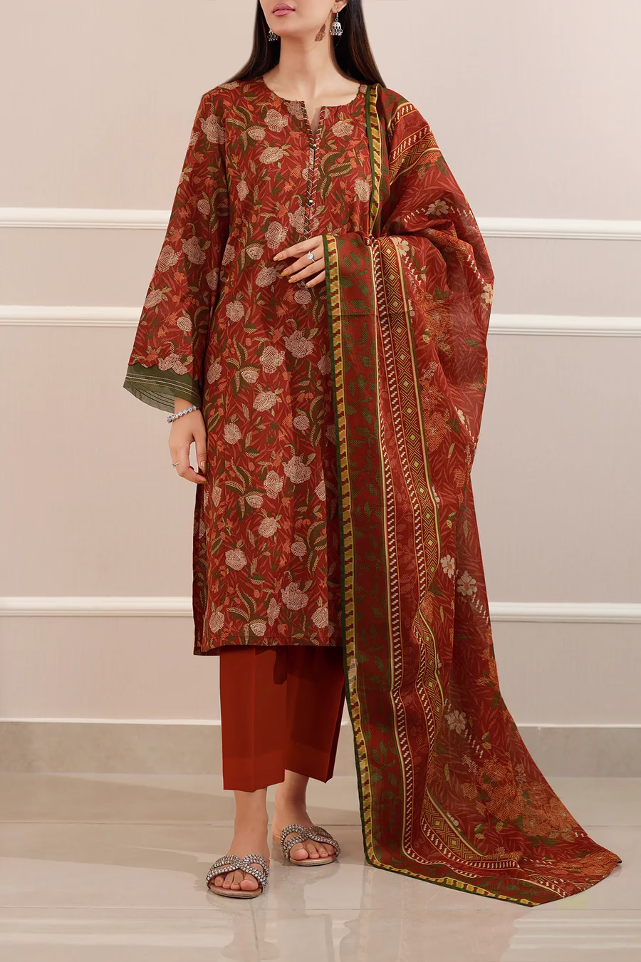 RUST Lawn Stitched Printed Suit | Stylish 3-Piece PRET | Annisafashion