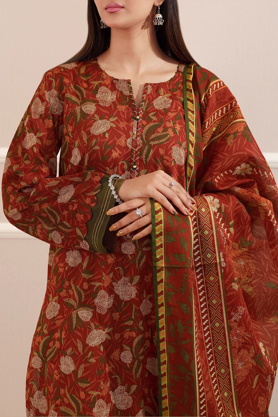RUST Lawn Stitched Printed Suit | Stylish 3-Piece PRET | Annisafashion - Image 5