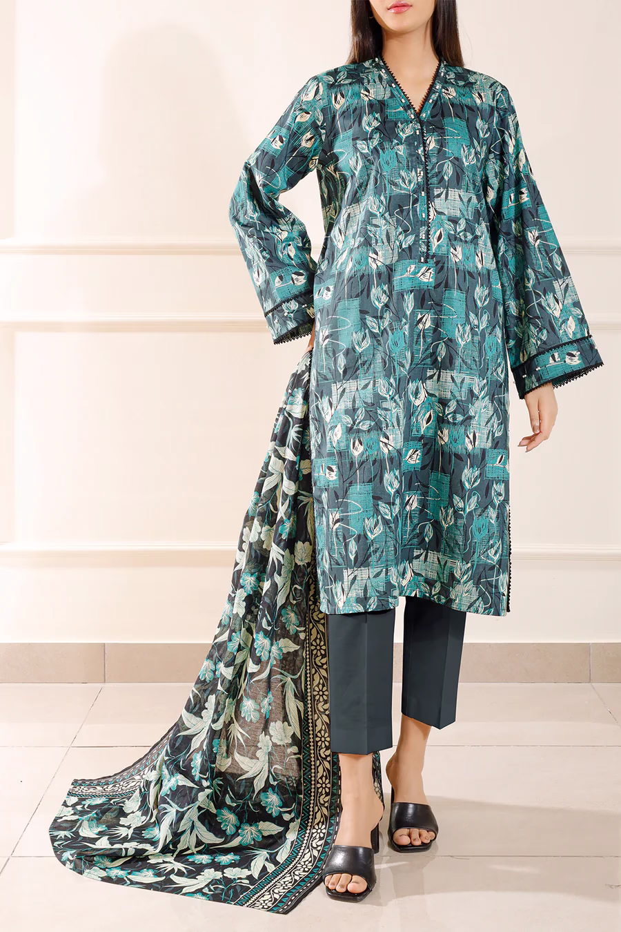 Unstitched 3-Piece Lawn Suit – Teal | Saya | Annisafashion - Image 6