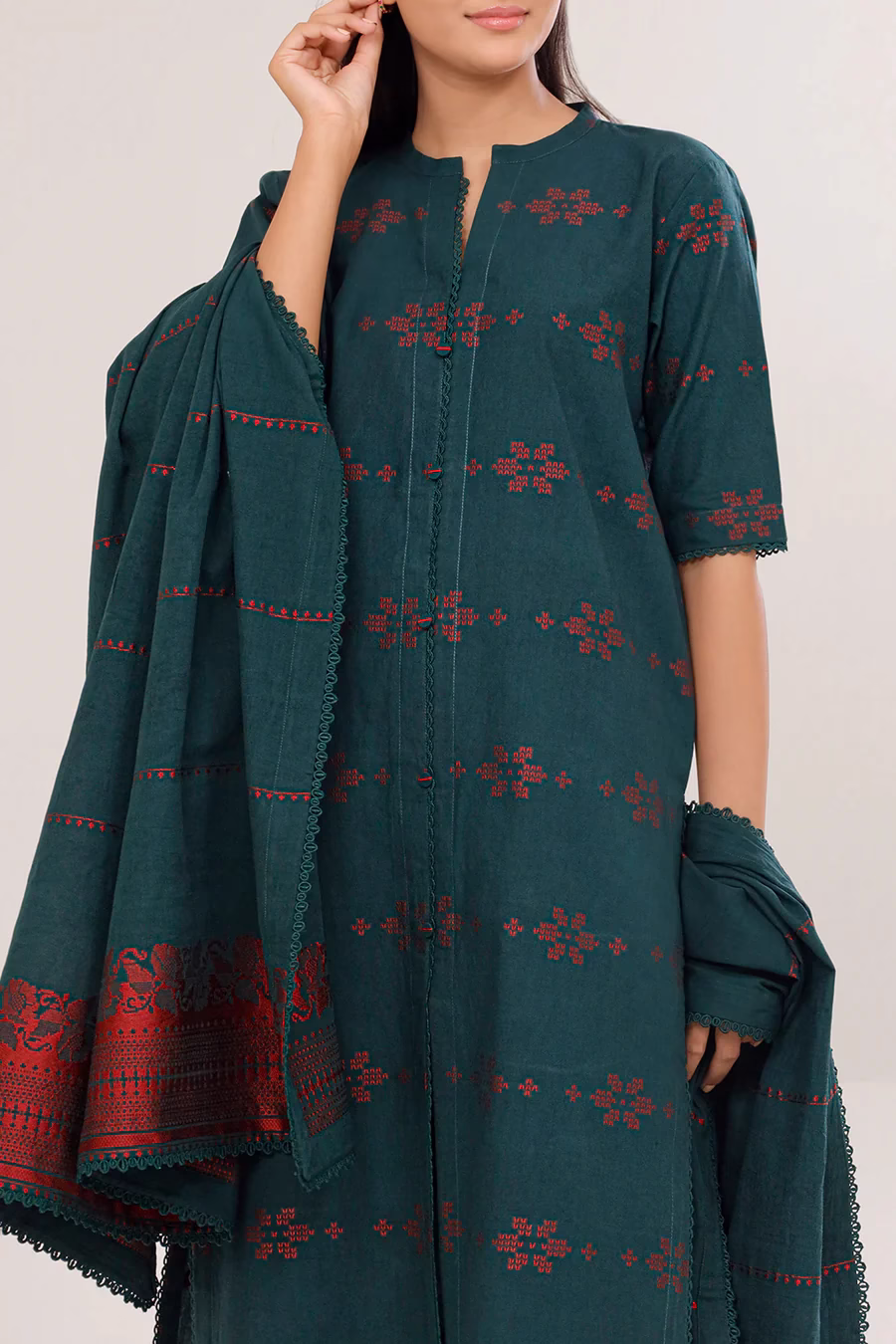 Unstitched Jacquard Cotton 3 Piece Suit-Dark Green | Saya | Annisafashion - Image 5