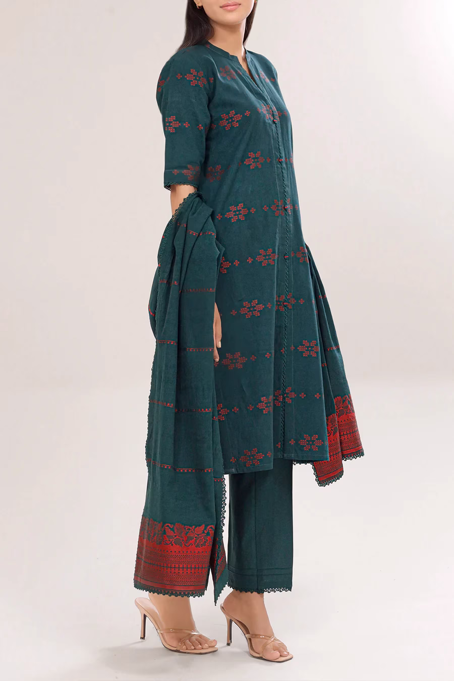 Unstitched Jacquard Cotton 3 Piece Suit-Dark Green | Saya | Annisafashion - Image 2