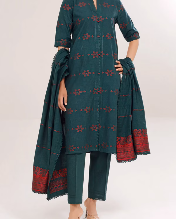 Unstitched Jacquard Cotton 3 Piece Suit-Dark Green | Saya | Annisafashion