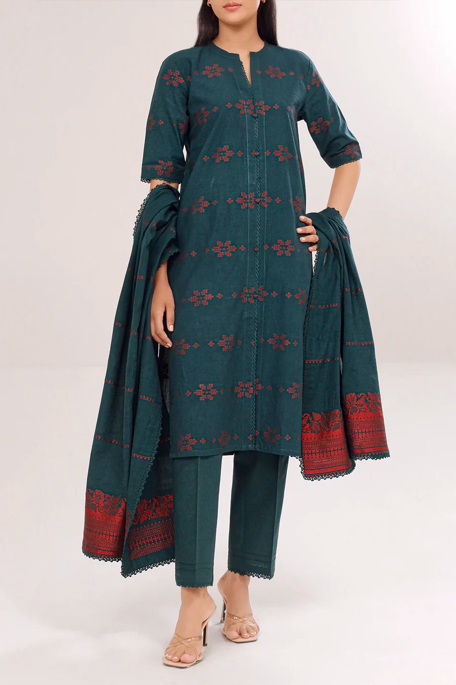 Unstitched Jacquard Cotton 3 Piece Suit-Dark Green | Saya | Annisafashion