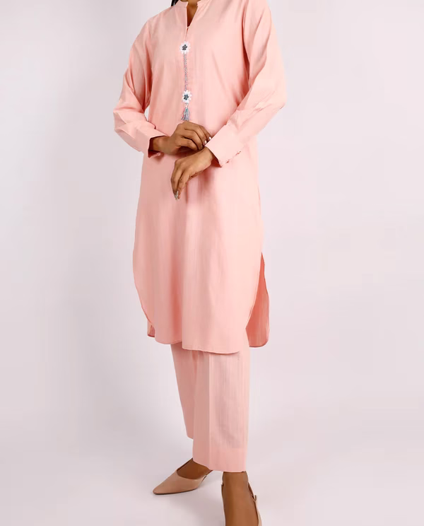Stitched 2-Pc | Coral Pink Solid Soft Raw Silk Suit | Saya | Annisafashion
