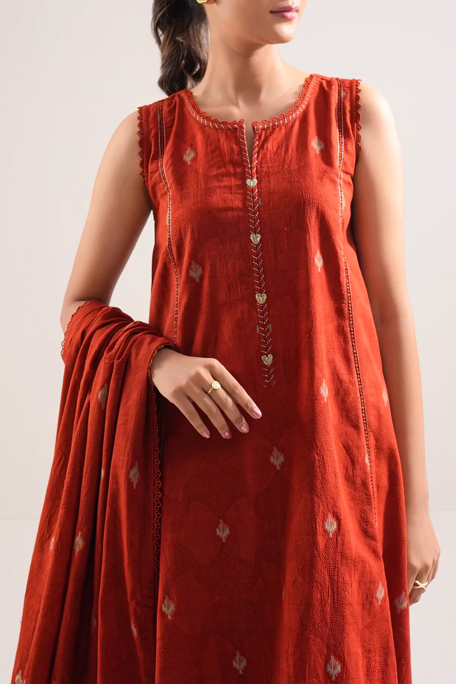 Unstitched Jacquard Cotton 3 Piece Suit- Rust | Saya | Annisafashion - Image 3