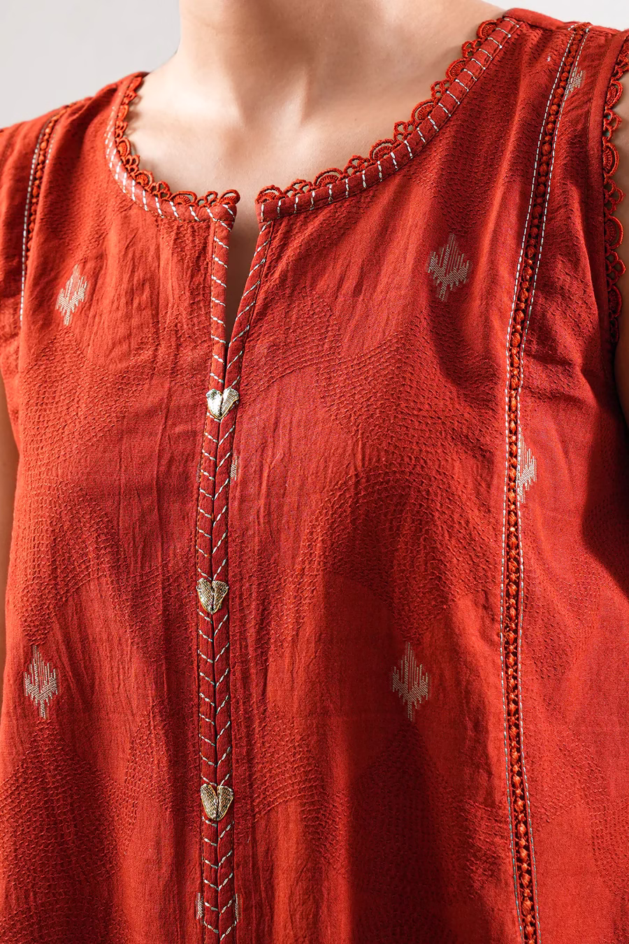 Unstitched Jacquard Cotton 3 Piece Suit- Rust | Saya | Annisafashion - Image 2