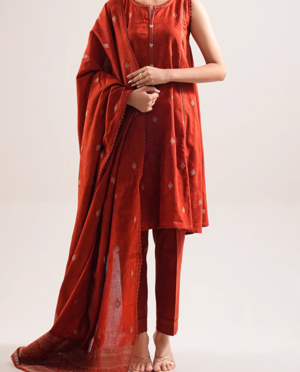 Unstitched Jacquard Cotton 3 Piece Suit- Rust | Saya | Annisafashion