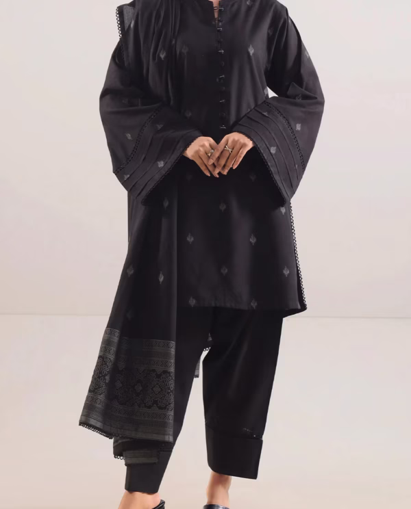 Unstitched Jacquard Cotton 3 Piece Suit- Black | Saya | Annisafashion