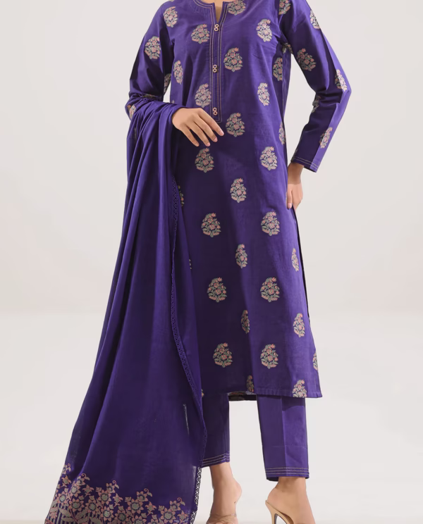 Unstitched Jacquard Cotton 3 Piece Suit- Purple | Saya | Annisafashion