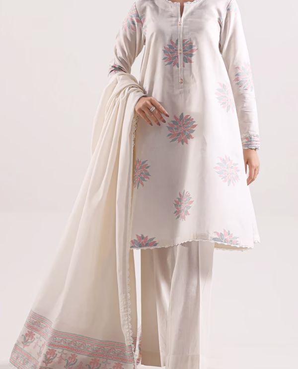 Unstitched Jacquard Cotton 3 Piece Suit- White | Saya | Annisafashion