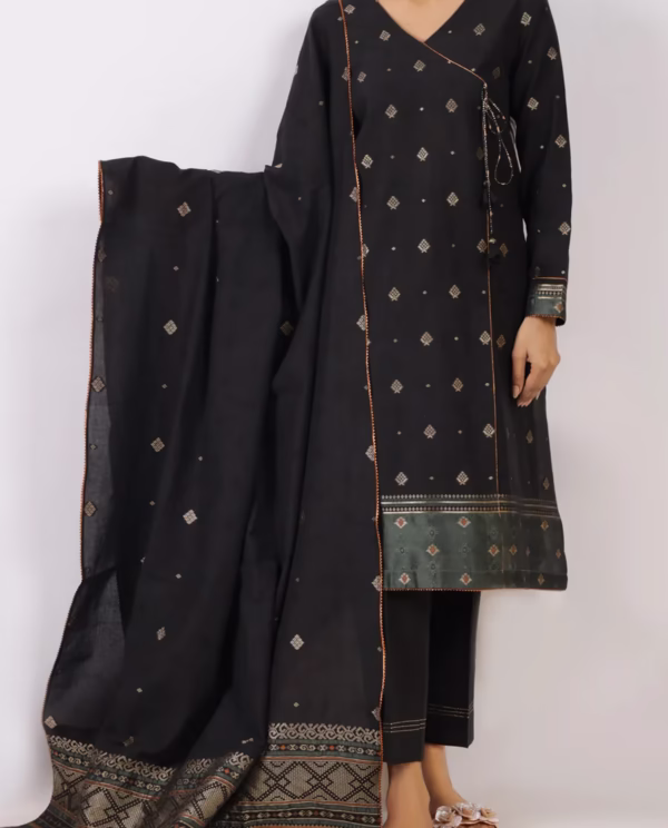 Unstitched Jacquard Cotton 3 Piece Suit- Black | Saya | Annisafashion