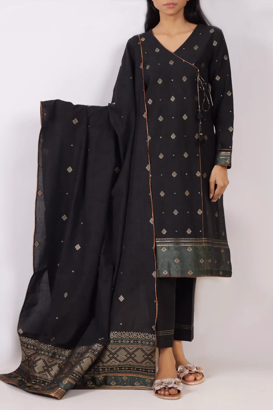 Unstitched Jacquard Cotton 3 Piece Suit- Black | Saya | Annisafashion