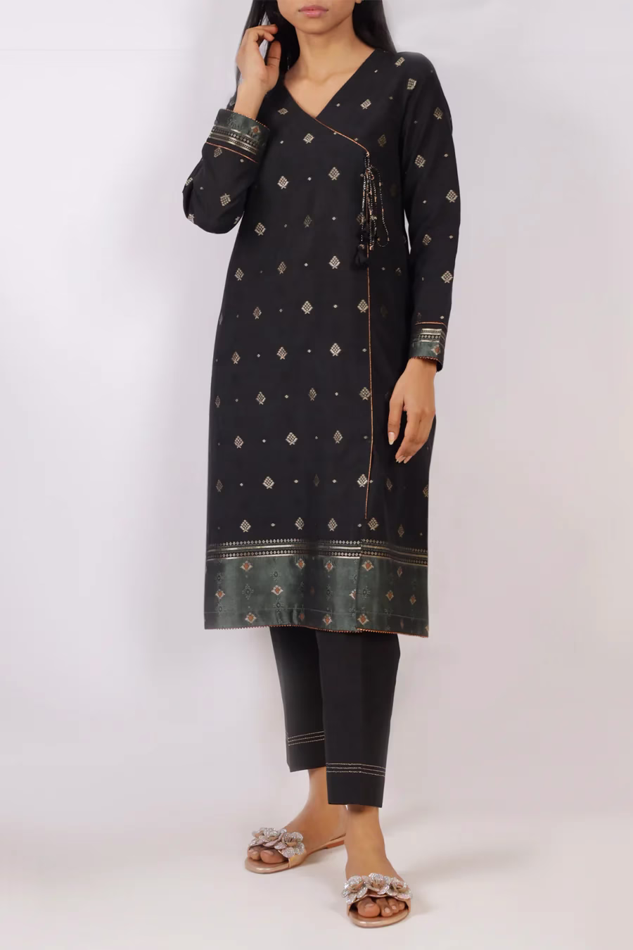 Unstitched Jacquard Cotton 3 Piece Suit- Black | Saya | Annisafashion - Image 5