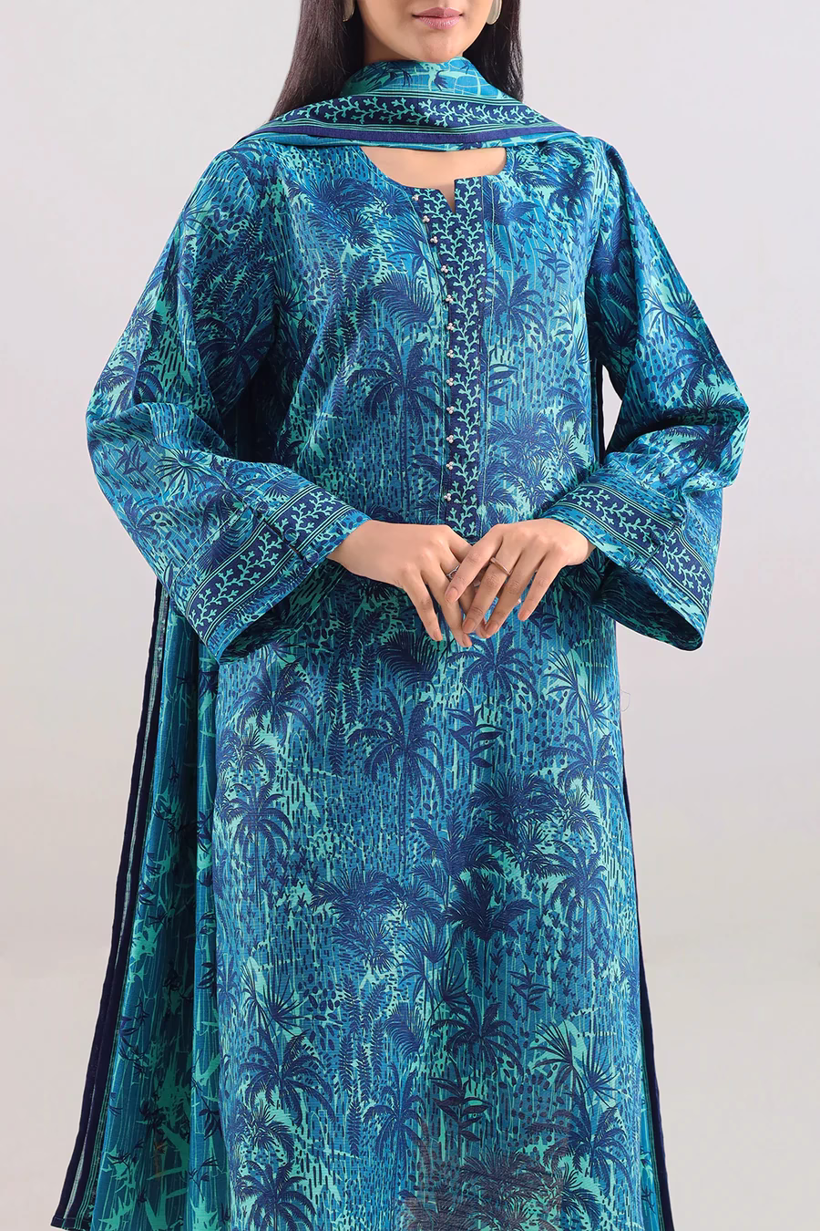 Printed Cotton Khaddar Unstitched 3 Piece | Sea Green | Saya | Annisafashion - Image 2