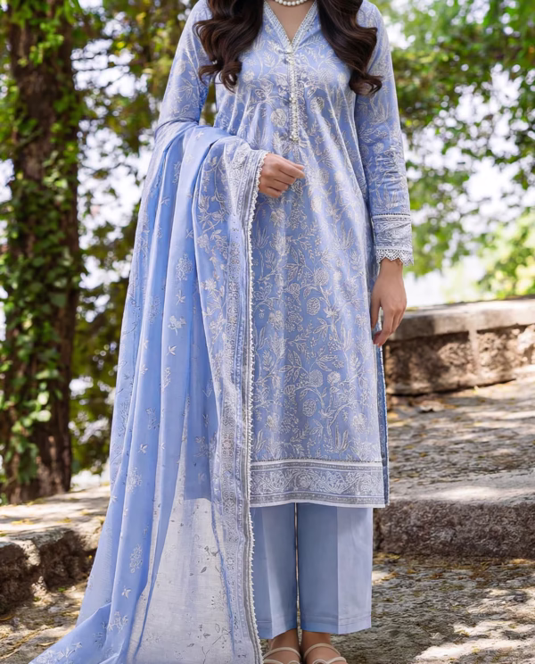 Unstitched 3-Piece Lawn Suit – Lavender Blue | Saya | Annisafashion