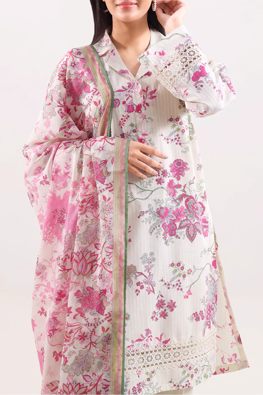 Unstitched 3-Piece Lawn Suit – Cream | Saya | Annisafashion - Image 5